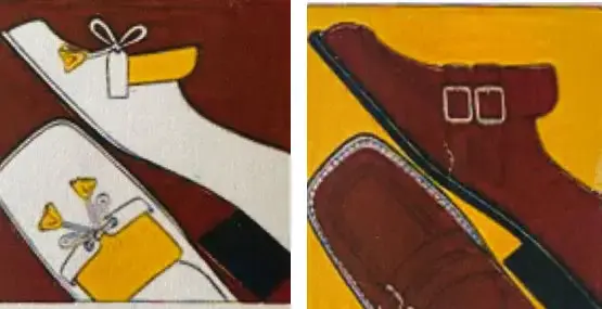 Kunstvolle Illustrationen von Kinderschuhen - links weiße Sandalen mit gelben Details und Schleifenverschluss, rechts braune Halbschuhe auf gelbem Hintergrund.