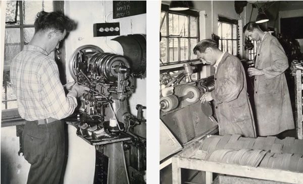 Historische Schwarz-Weiß-Aufnahmen aus einer Schuhfabrik mit männlichen Arbeitern an verschiedenen Produktionsmaschinen.