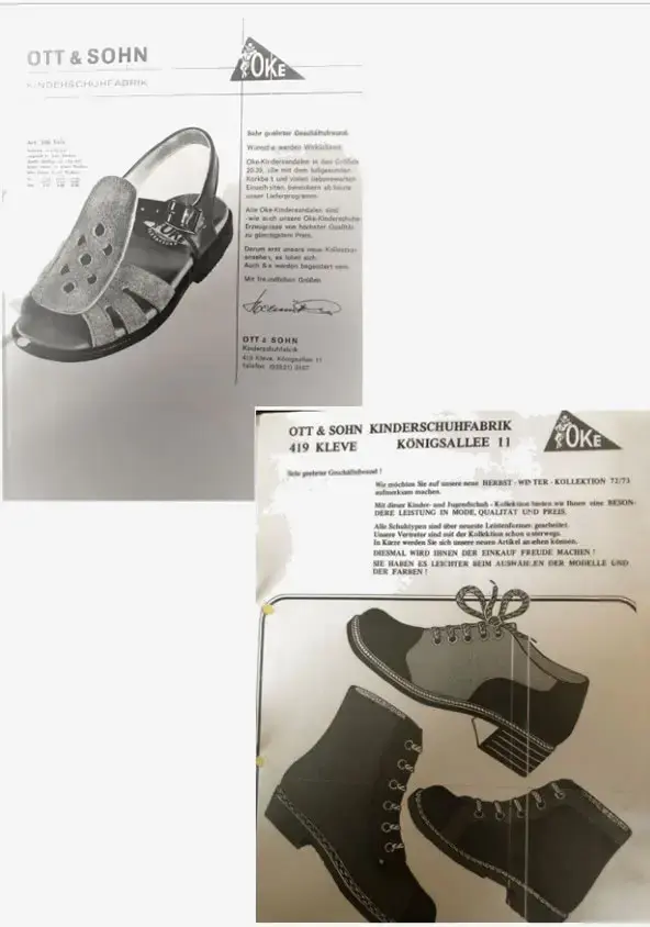 Vintage Werbeflyer der Kinderschuhfabrik "OTT & SOHN" aus Kleve mit dem Markenlogo "POKE" und Abbildungen von Kinder-Sandalen und -Schuhen