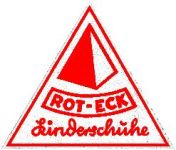 Logo der Schuhmarke "ROT-ECK Kinderschuhe" in Dreiecksform mit rotem Dreieck und Schriftzug.