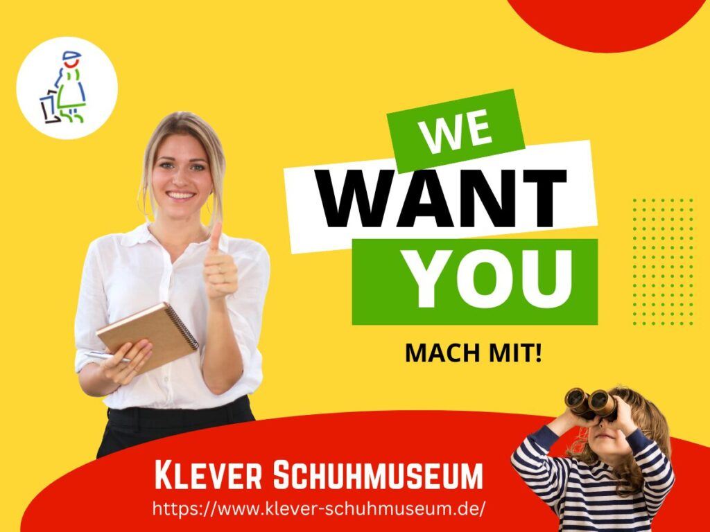 Eine Recruiting-Kampagne des Klever Schuhmuseums mit gelbem Hintergrund, die potenzielle Mitarbeiter sucht und mit "WE WANT YOU - MACH MIT!" wirbt.
