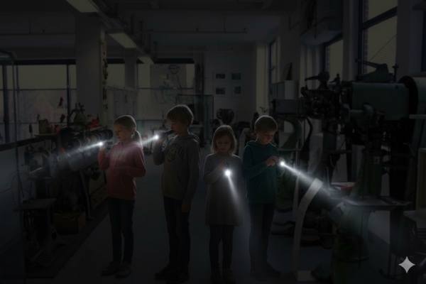 Ki Bild von Kindern mit Taschenlampen im Schuhmuseum