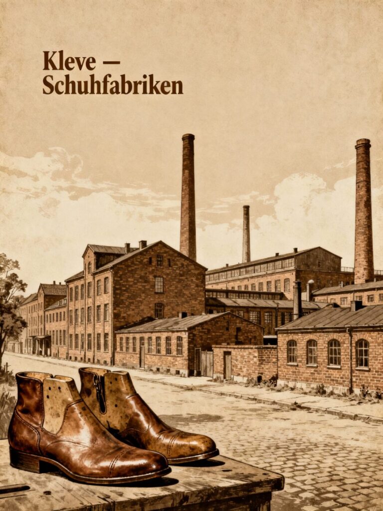 Sepiafarbene Illustration mehrerer historischer Schuhfabriken in Kleve mit Ziegelbauten und Schornsteinen, im Vordergrund alte Lederschuhe und Schuhleisten auf einem Holztisch.