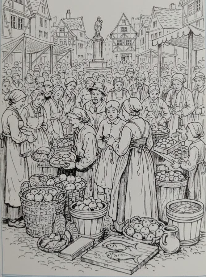 Historische Marktszene in einer Altstadt: Viele Menschen drängen sich zwischen Ständen mit Obst, Gemüse und Fisch. Im Vordergrund stehen Marktfrauen in langen Kleidern und Schürzen,