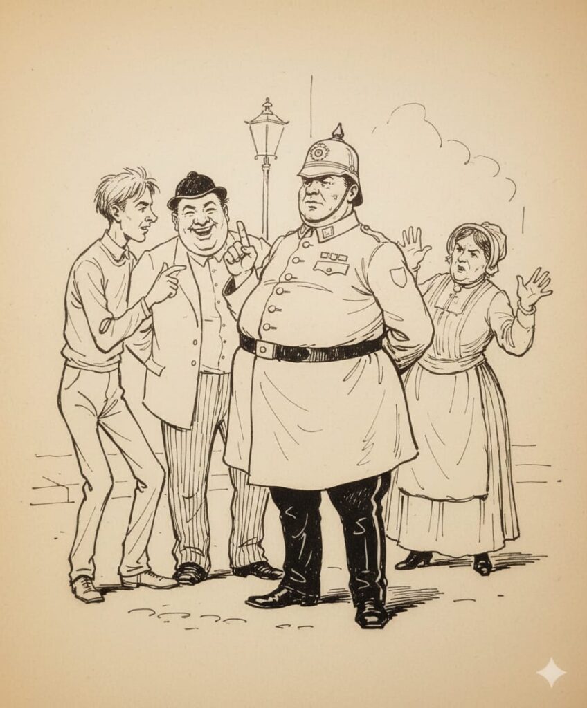 Das Bild zeigt eine historische, humorvolle Zeichnung einer Straßenszene im Stil des frühen 20. Jahrhunderts. Im Mittelpunkt steht ein sehr korpulenter Polizist in Uniform mit Helm, der mit erhobenem Zeigefinger autoritär wirkt und breitbeinig auf der Straße steht. Links von ihm stehen zwei männliche Figuren in ziviler Kleidung, die sich erregt gestikulierend an ihn wenden, während rechts eine Frau mit Haube und Schürze mit erhobenen Händen überrascht oder empört reagiert; im Hintergrund ist eine Straßenlaterne und angedeutete Häuser- oder Wolkenkontur zu sehen.