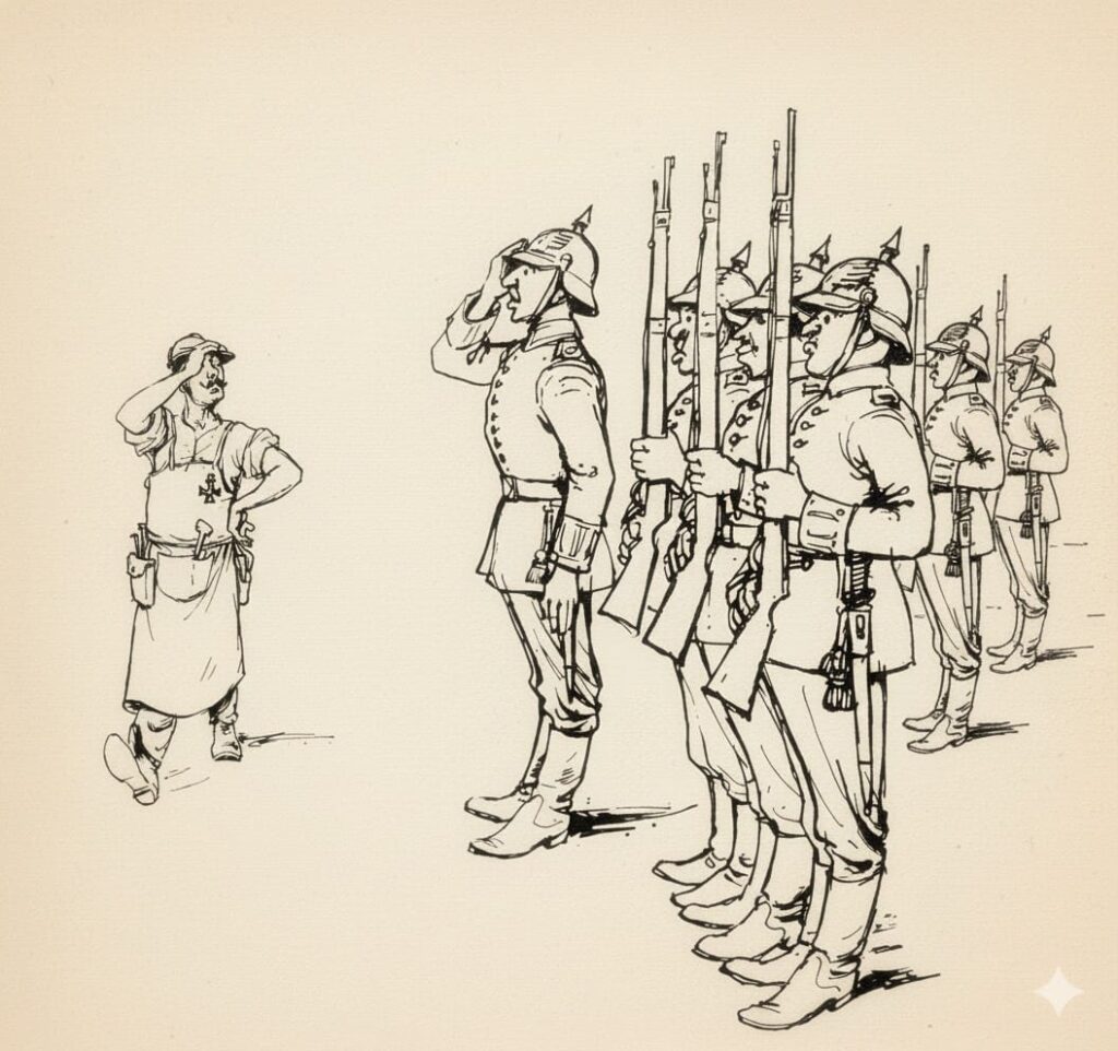 Historische Zeichnung: Links ein Schuster in Schürze mit Orden, der salutiert oder grüßt. Rechts marschiert eine Reihe preußischer Soldaten mit Pickelhauben und Gewehren, angeführt vom salutierenden Vorgesetzten.